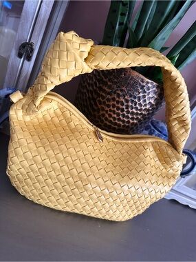 Woven Knot-Handle Yellow Shoulder Bag